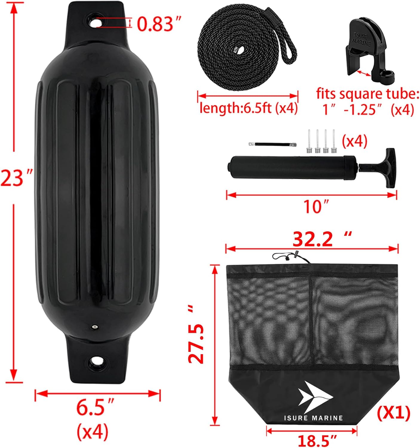 ISURE MARINE 4 Pack Boat Fender Marine Bumper Covers (Black, Various Size)