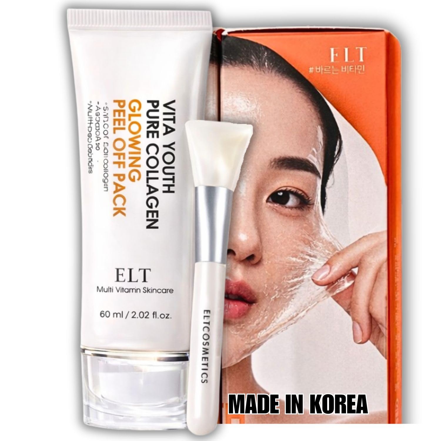 ELT Collagen Peel Off Face Mask Pack - Korean Wrapping Face Peel Mask - Hydrating & Firming Facial Mask with 5 Types of Collagen, 8 Peptides, Silicone Brush Included (60 ml / 2.02 fl.oz)