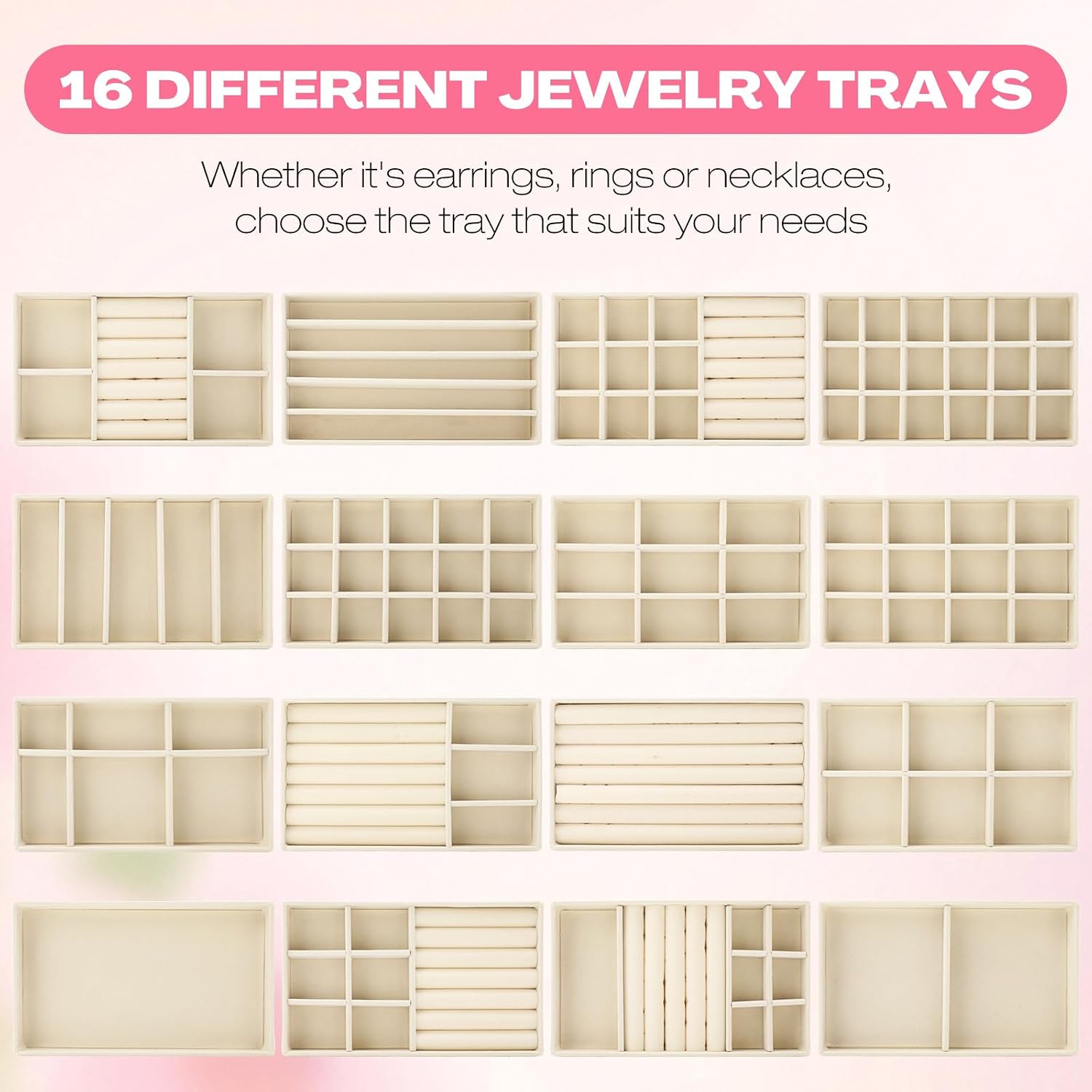 16 Pcs Stackable Jewelry Organizer for Drawer Velvet Jewelry Tray with Dividers Earring Holder & Ring Display Box Fits 8.4 x 5 x 1 Drawer Necklace Storage for Women, Girls (beige, 16 Styles)