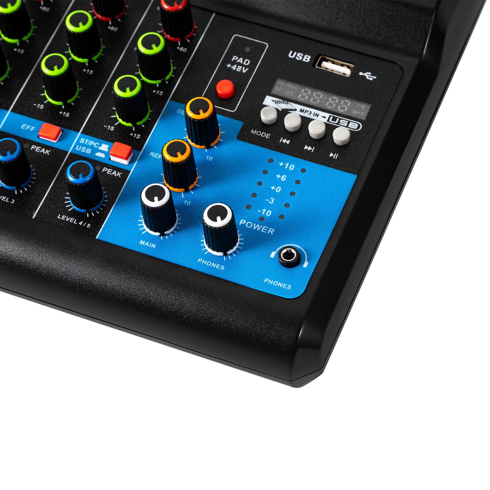 5-Kanal-Stereo-Sound-Mischkonsole, 5 Kanal USB Bluetooth Mixer Live Studio Audio Verstärker DJ Mischer DJ-Mischpult für PC Live Performance KTV Home Stage Musik Effekte Soundkarte