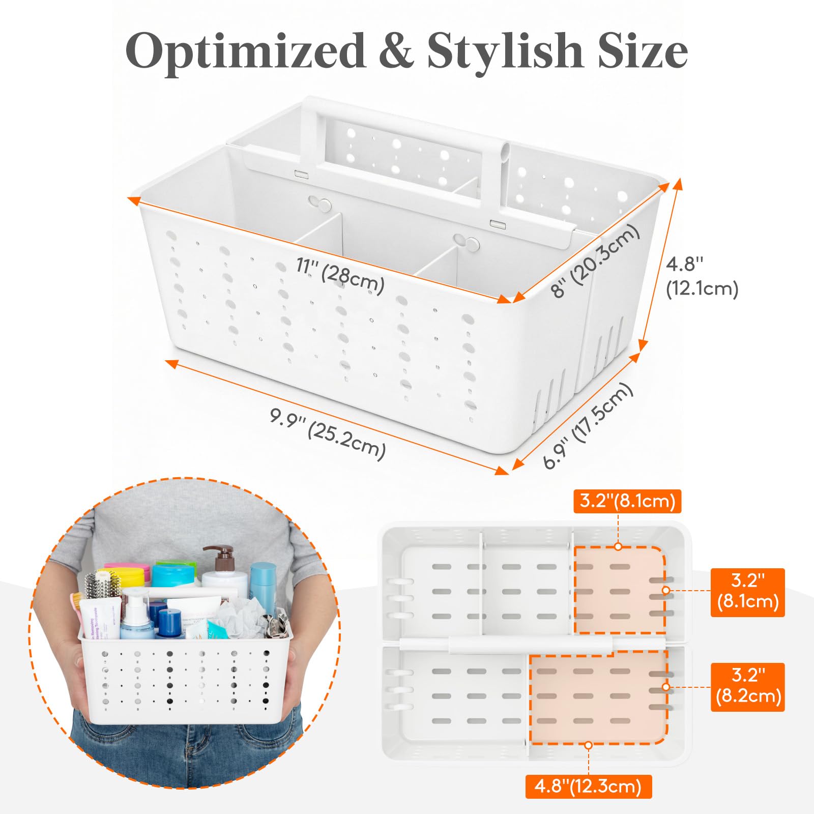 Lifewit Shower Caddy Portable, Cleaning Supplies Caddy Organizer with Handle and Adjustable Dividers, Plastic Shower Basket for Dorm Room Essentials, College, Bathroom, White, 1 Pack - 3