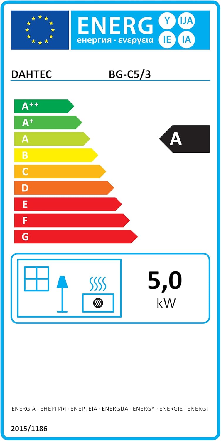 EU Energy Label for DAHTEC BG-C5/3 heater, showing A-rated energy efficiency
