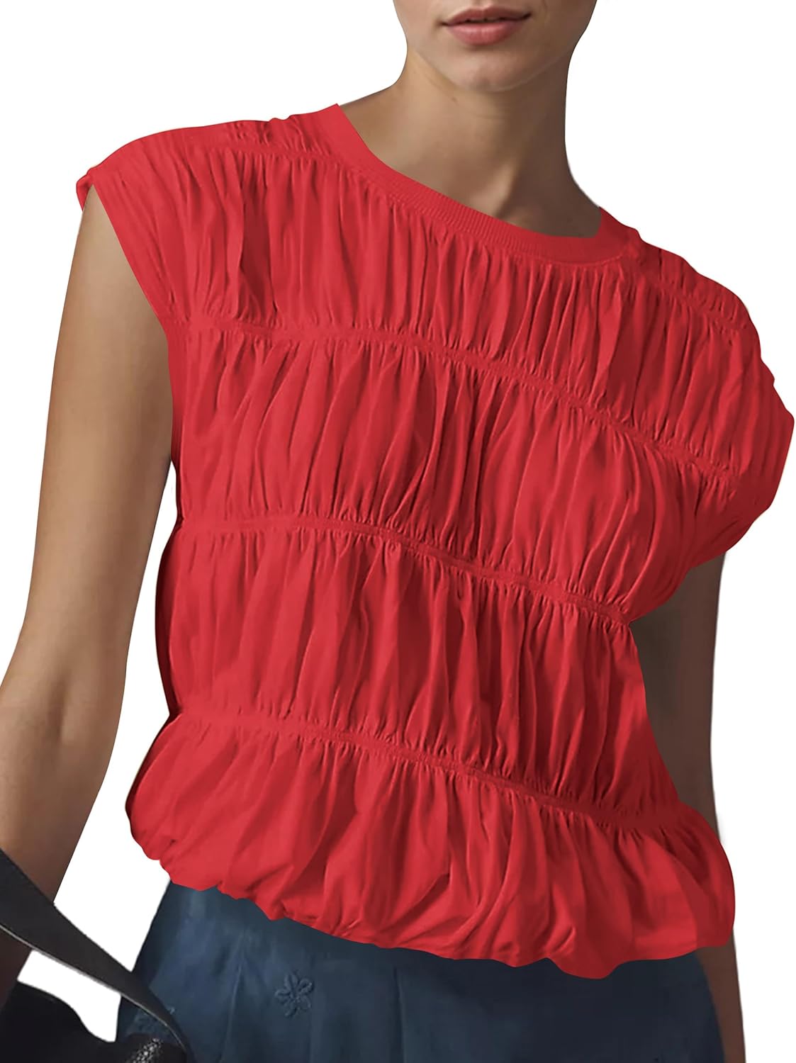 Ardrem Women Cap Sleeve Tiered Shirred Bubble Tops Cute Babydoll Blouse Solid Crew Neck Ruched Tee Shirts Smocked Tank Top