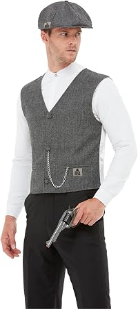 Smiffys Peaky Blinders Shelby Mens Instant Kit, Grey Waistcoat & Flat Cap, Officially Licensed Peaky Blinders Fancy Dress, Adult Dress Up Accessories