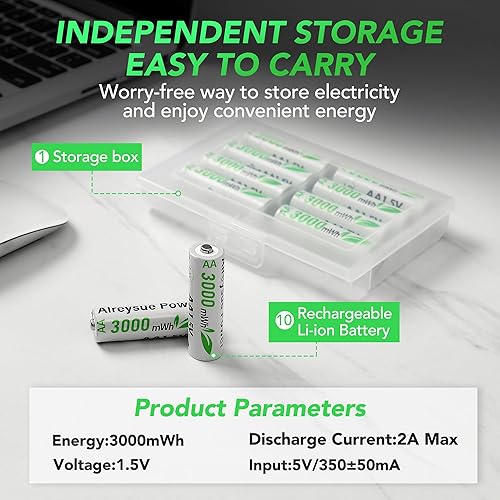 Miniatura 6 de Paquete de 10 pilas AA recargables de alta capacidad, potencia duradera con más de 1000 ciclos de recarga, compatible con carga rápida, ampliamente