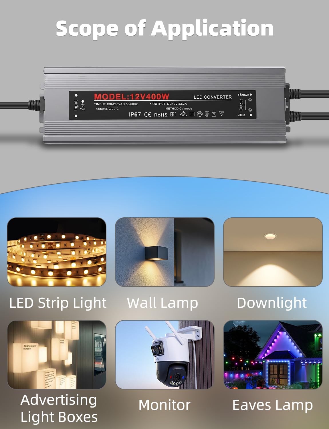 Trasformatore LED da 12 V, 400 W, IP67, impermeabile, senza sfarfallio, alimentatore di rete LED AC 190-265 V 50/60 Hz con 2 uscite, DC 12 V 33,3 A, trasformatore di tensione per strisce LED e strisce