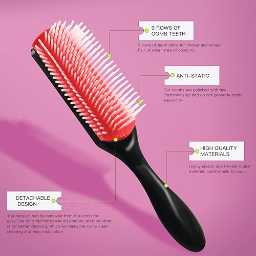 Miniatura 2 de Juego de 4 cepillos desenredantes, cepillo de champú de cerdas de nailon con cojín de 9 filas, peine de dientes anchos, peine desenredante para