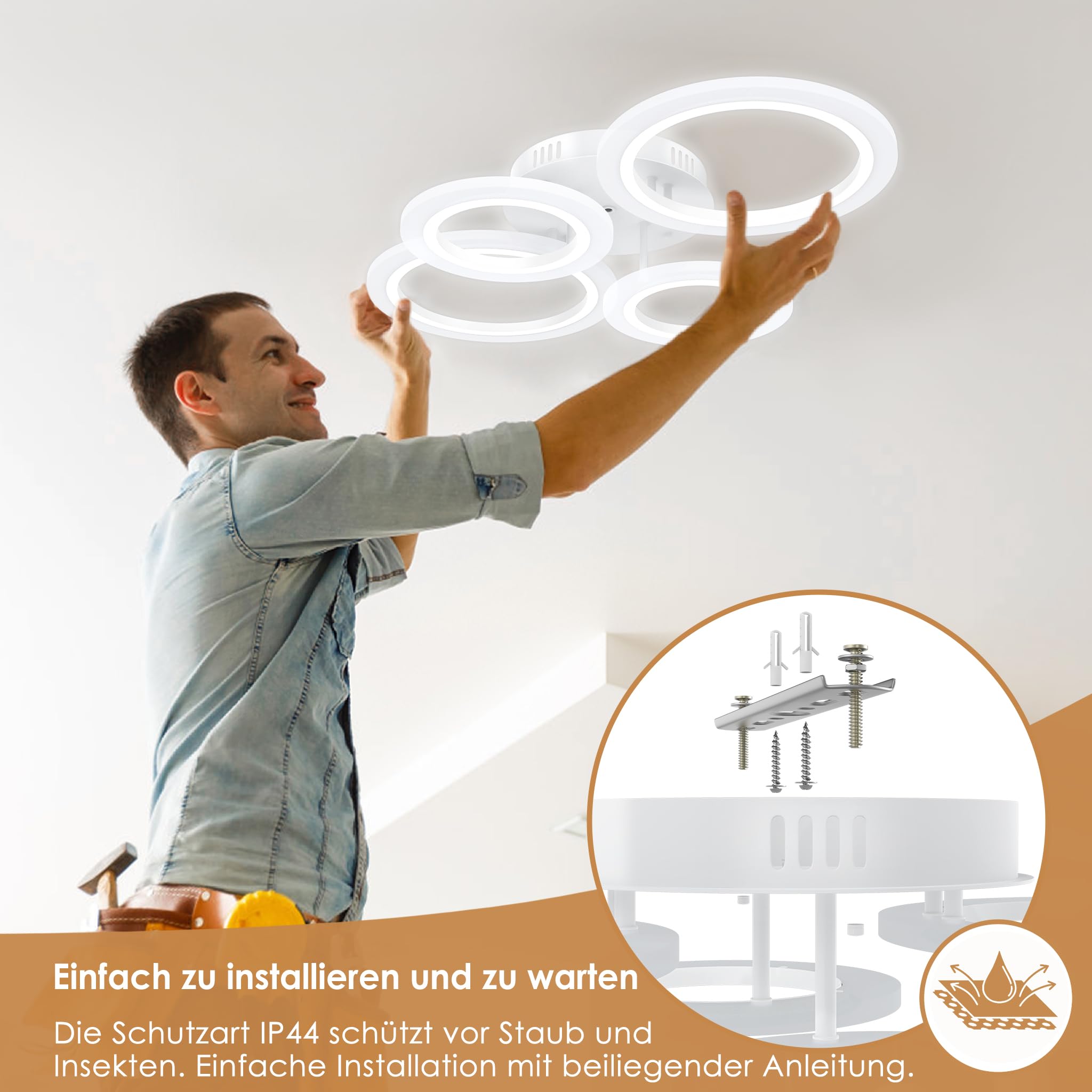 LZQ Runde LED Deckenlampe 60W Dimmbar, 2+2 Ringe Deckenleuchte mit Fernbedienung, 3 Farbtemperaturen, Modern IP44 LED-Deckenbeleuchtung für Wohnzimmer Schlafzimmer Flur Küche