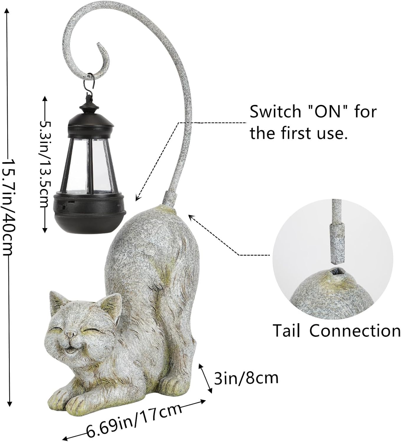 Laughing Cat Figurine with Solar-Powered LED Light, 15.7 Inches Tall Marble, Perfect for Gift Garden Decor or Housewarming for Cat Lovers.