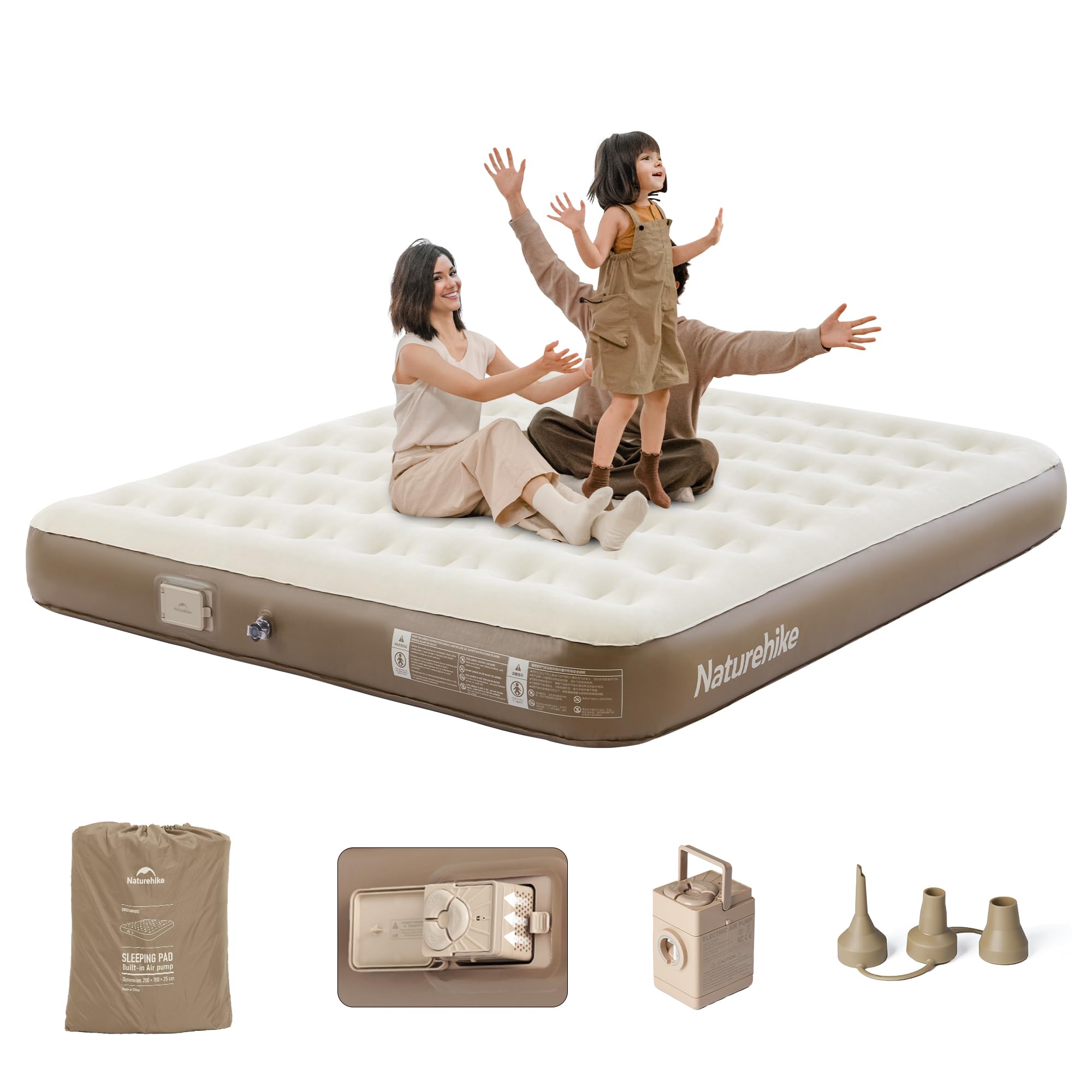 Naturehike Luftmatratze 3 Personen mit wiederaufladbarer elektrischer Luftpumpe 200×180×25cm Selbstaufblasbare Luftbett 450kg MAX Premium-Gästebett Camping- und Heimgebrauch aufblasbare Matratze Küche, Haushalt & Wohnen