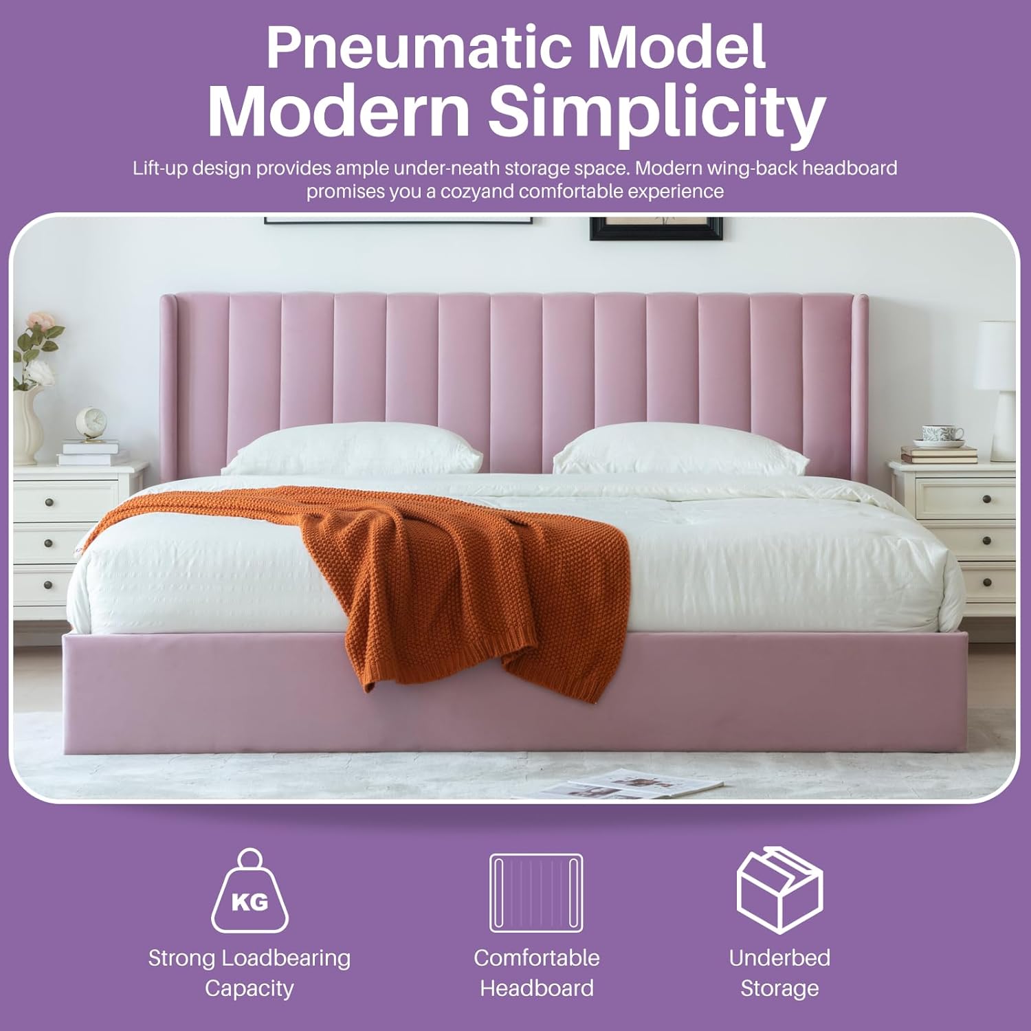 YUHUASHI Liftable Storage Bed with Hydraulic Support Bars, King Size Bed Frame with Modern Wingback Design Headboard, Wooden Slats, No Box Spring Required (Pink, King)