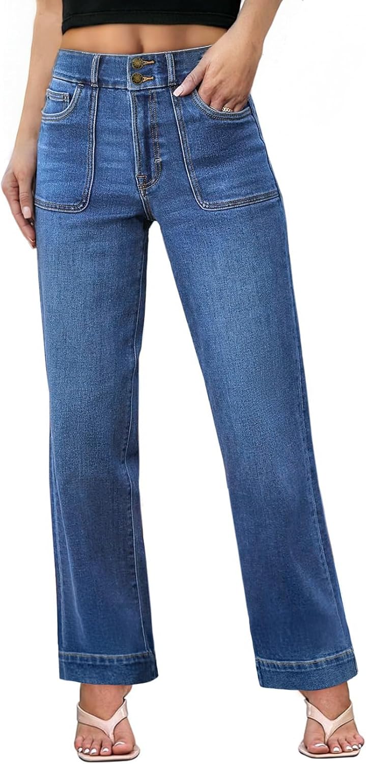 Sidefeel Women’s Wide Leg Jeans High Waisted Stretchy Tummy Control Straight Leg Denim Pants
