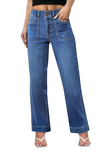 Sidefeel Women's Wide Leg Jeans High Waisted Stretchy Tummy Control Straight Leg Denim Pants