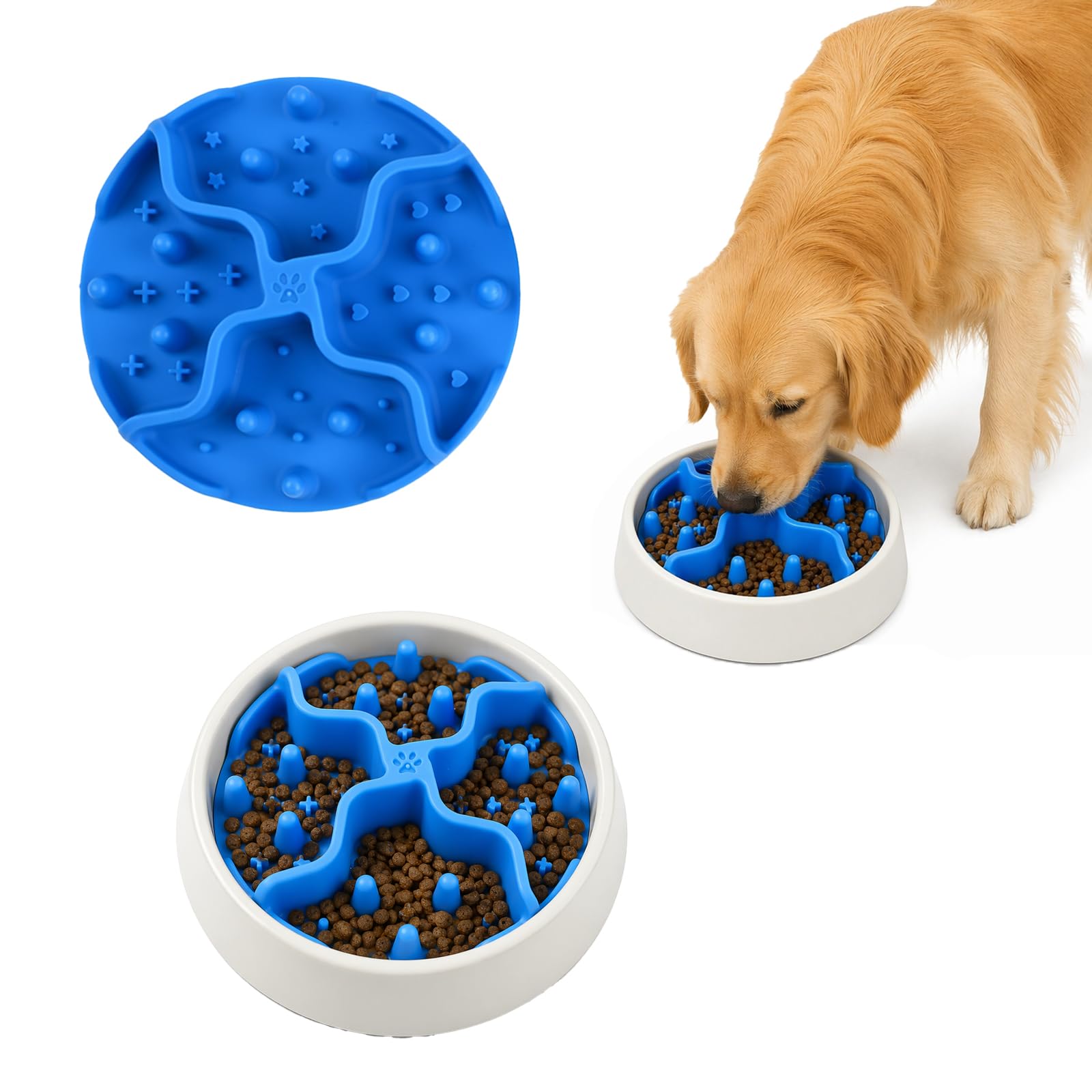 2PCS Blue Silicone Slow Feeder Dog Bowl Insert for Fast Eaters - 12cm Strong Suction Lick Mat for Wet & Dry Food, Fits Ceramic & Stainless Steel Bowls