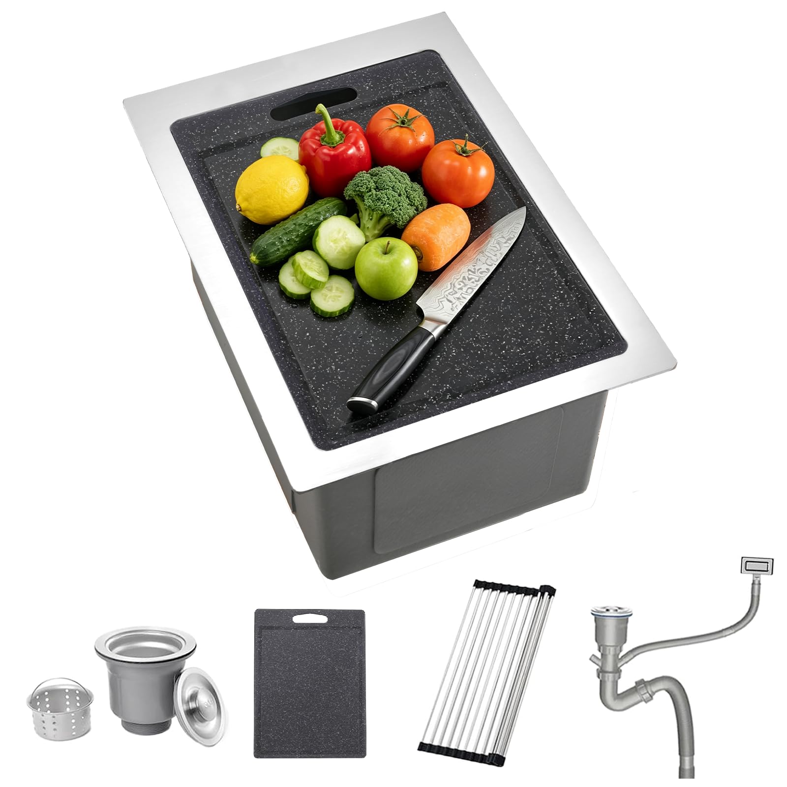 Évier 35x45cm Dissimulé Brossé 304, Encastrable, Bar/Cuisine/Rest. | + Pl. à Découper, Siphon & Bonde, Trop-Plein Inclus, Acier Inox 304 Brossé, 1 Bac Camping-Car, Ext./Jardin/Atelier Restaurant