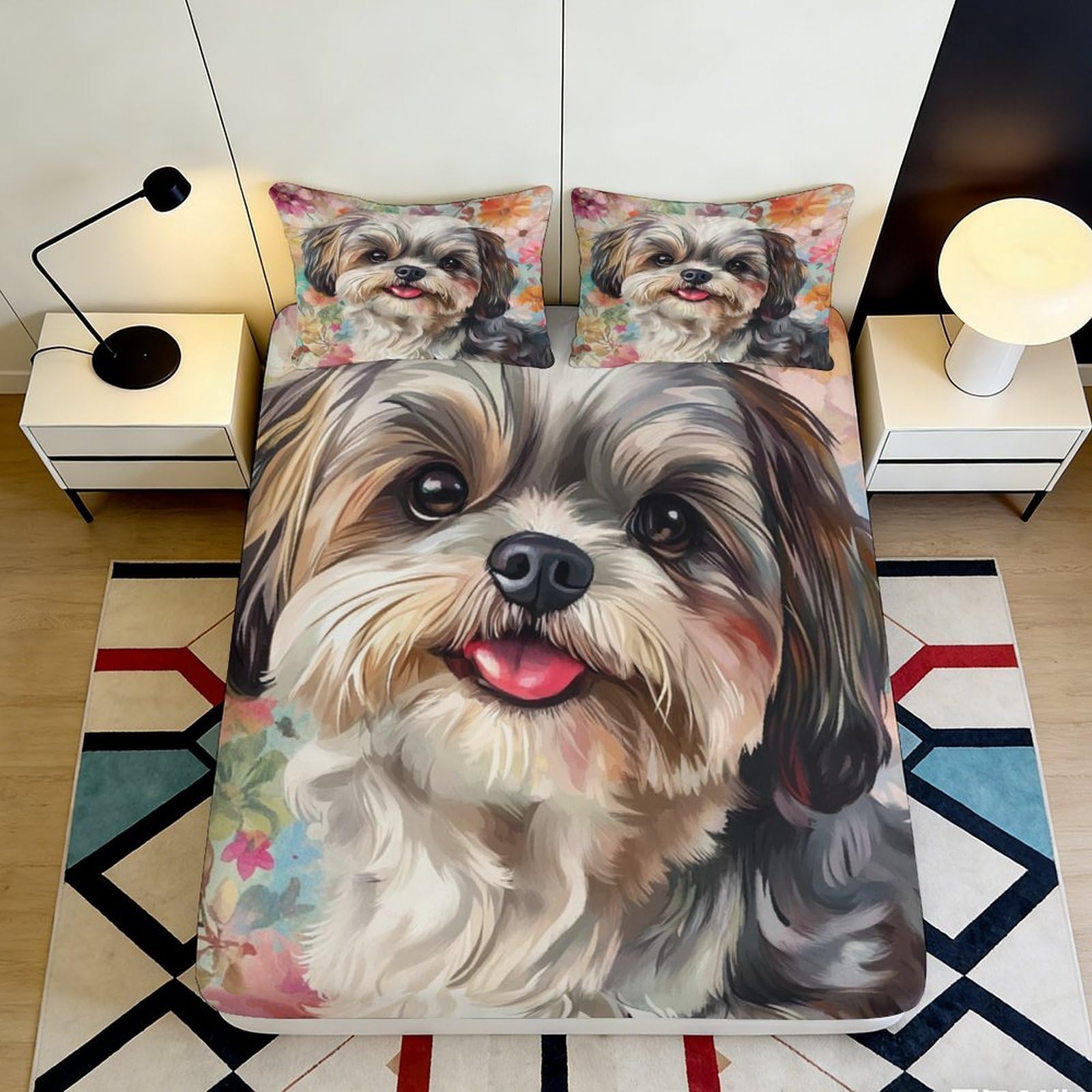 3D Printed Dog Portrait Fitted Sheet Microfiber Soft Decorative Bed Cover for Bedroom Guest Room Easy Care 90x200x25cm