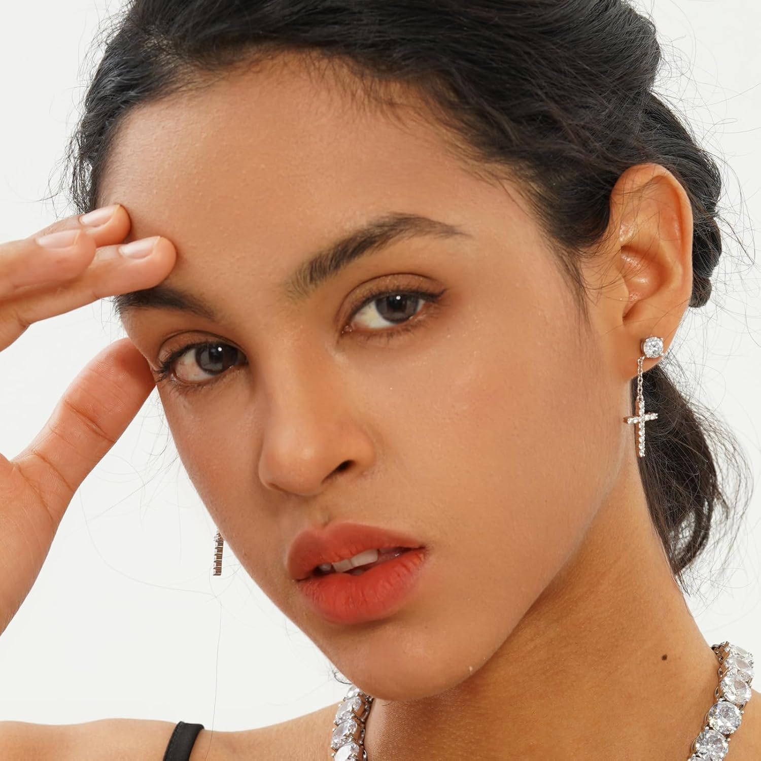 JINAO Cross Hoop Dangle Earrings 14K Gold Plated 5A+ Cubic Zirconia Cartilage Hypoallergenic Sterling Silver Cross Dangle Drop Earrings For Men Women - Image 5