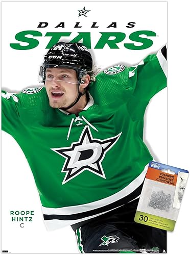 Trends International NHL Dallas Stars Roope Hintz Feature Series 23 - Póster de pared, 14.72 x 22.37 pulgadas, paquete de póster premium y pasador
