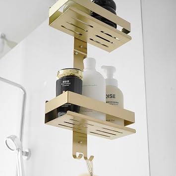 Beelee Gold Hanging Shower Caddy, Over Door 2-Tier Bathroom Storage Rack