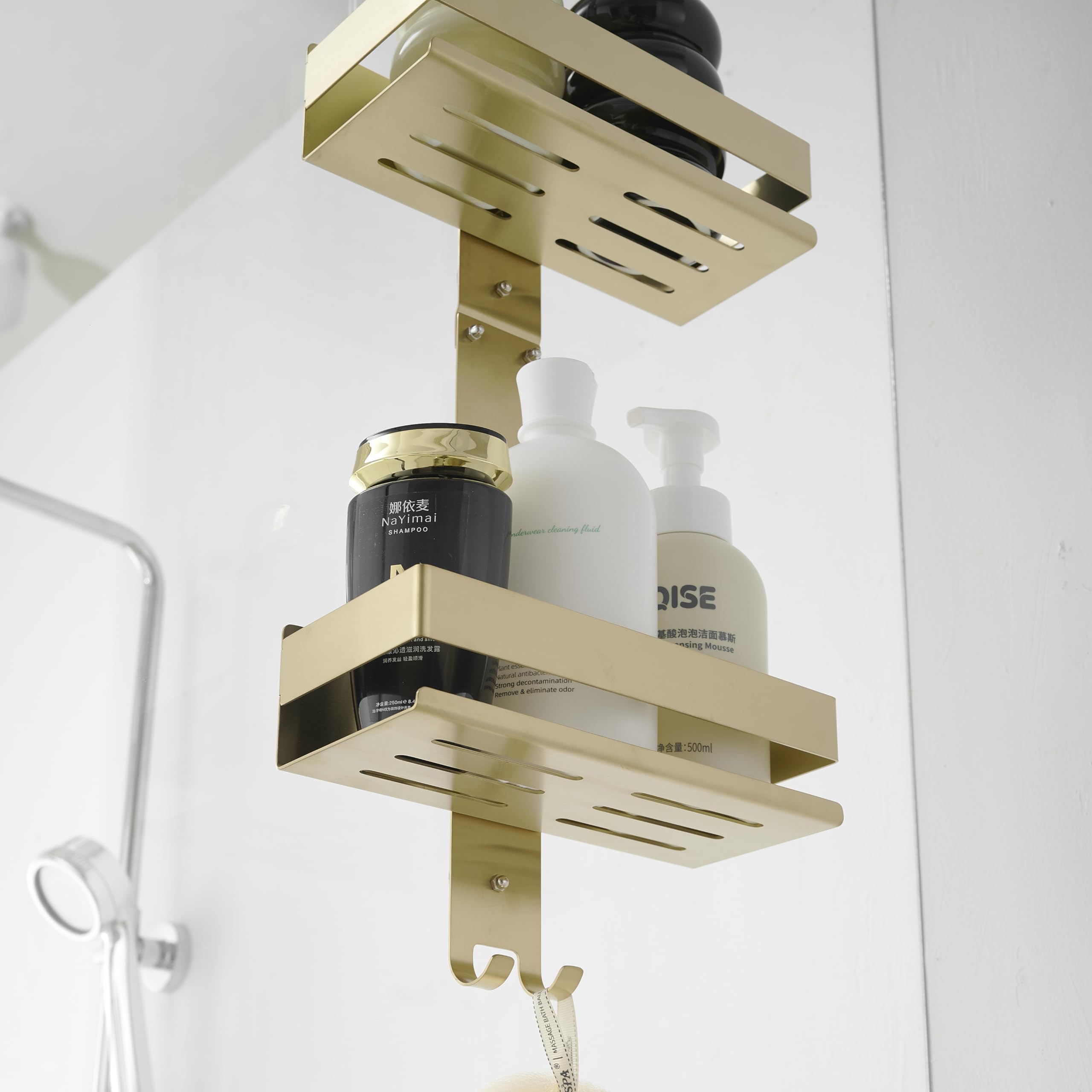 Beelee Gold Shower Caddy Hanging: Over Door Shower Organizer Bathroom Storage with 2-Tier Rack and Hooks, Holds Body Wash - Image 3