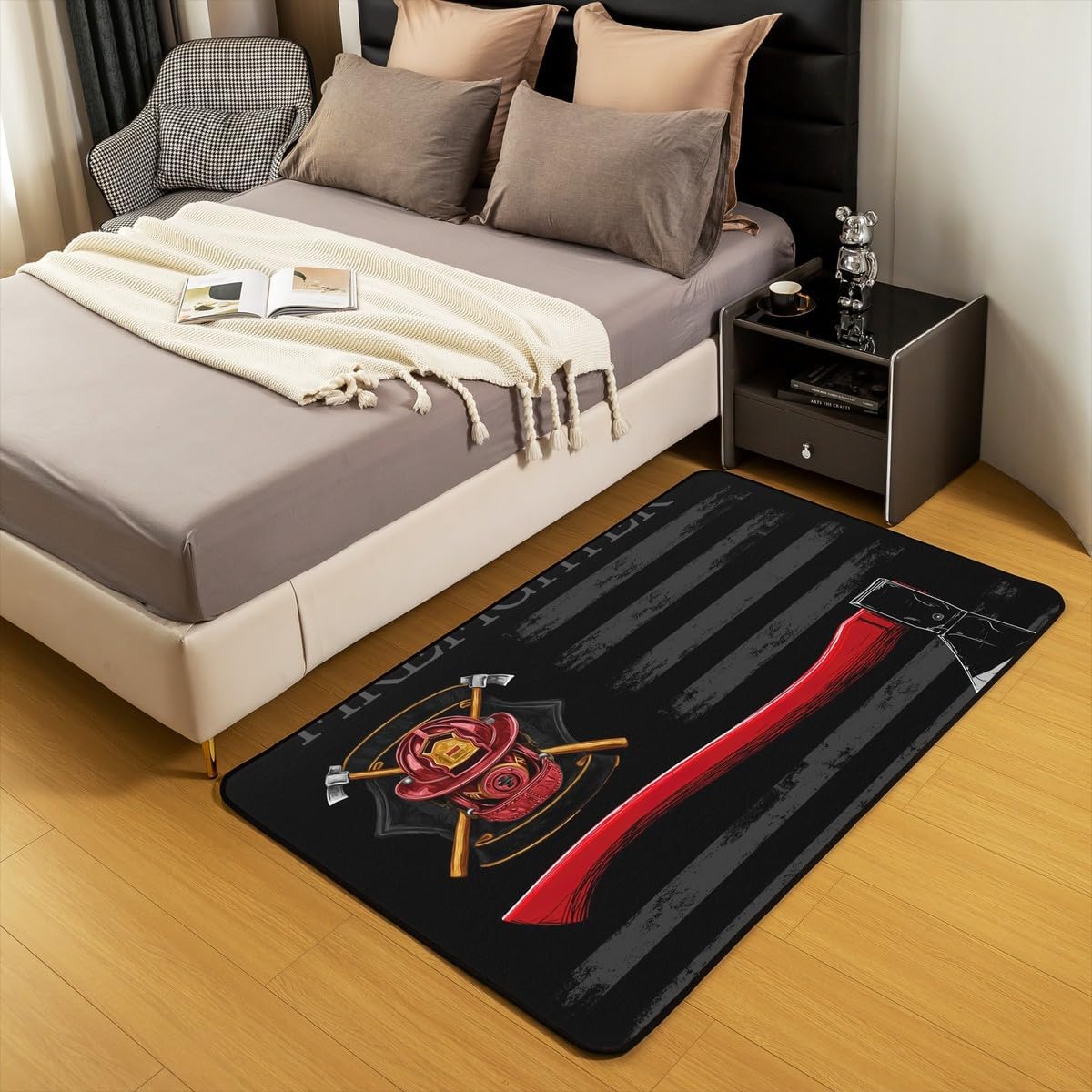 Castle Fairy Boys Fire Fighting Area Rug 3'x5' for Bedside,Firefighter Beddroom Decor Stripes Washable Rug for Office Bathroom Decor,Kids Fire Engine Lover Indoor Floor Mat for Living Room