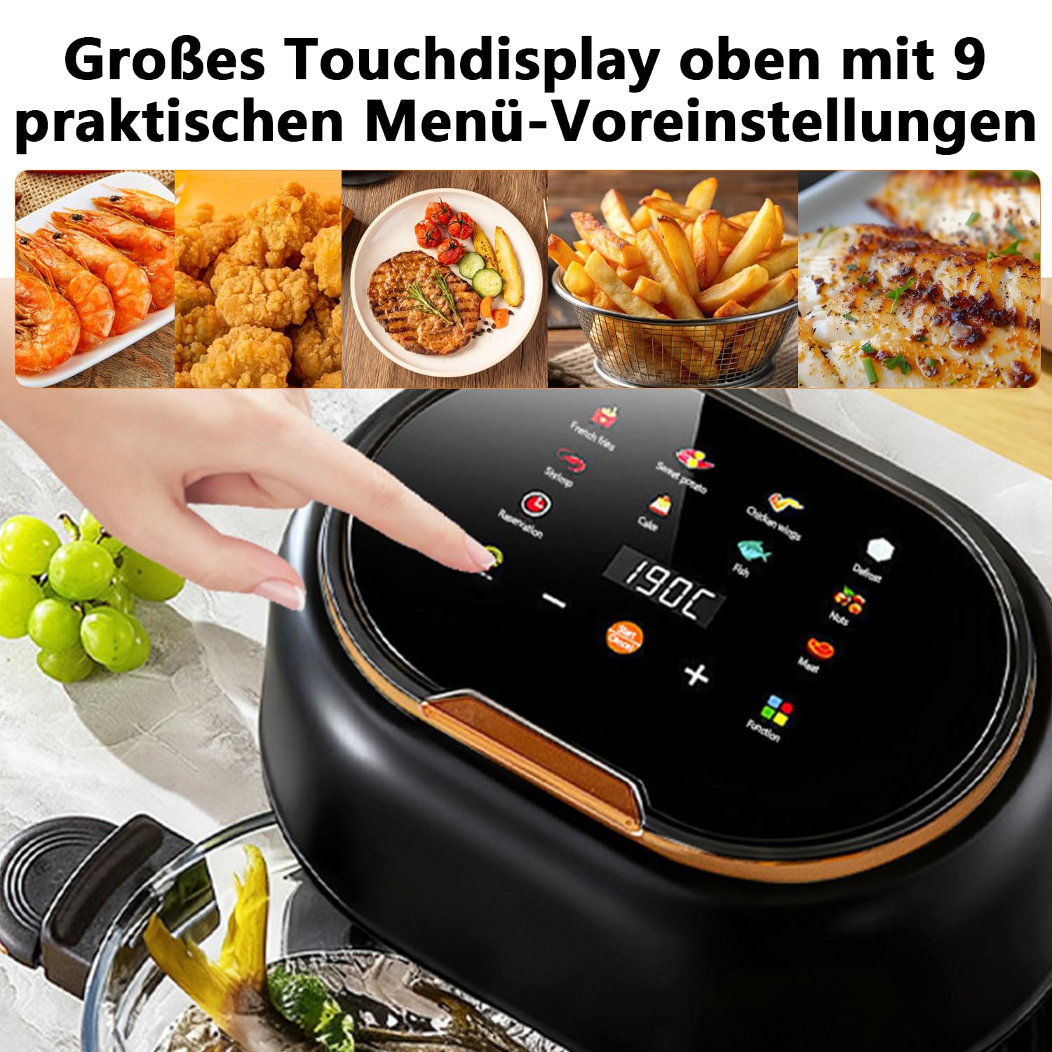 Heißluftfritteuse 4L Airfryer,1350W 9 in 1 Multifunktionalität Touchscreen Air Fryer mit Glaskorb&Sichtfenster&8 Smart Programme&24h Timer,Frittieren,Braten,Backen für Familie,Spülmaschinenfest BPA