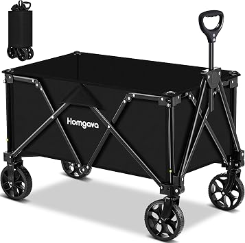 Homgava Collapsible Folding Wagon Heavy Duty,Foldable Utility Cart with Wheels,Large Capacity,for Grocery Outdoor Camping Beach Gardening Shopping Fishing Black