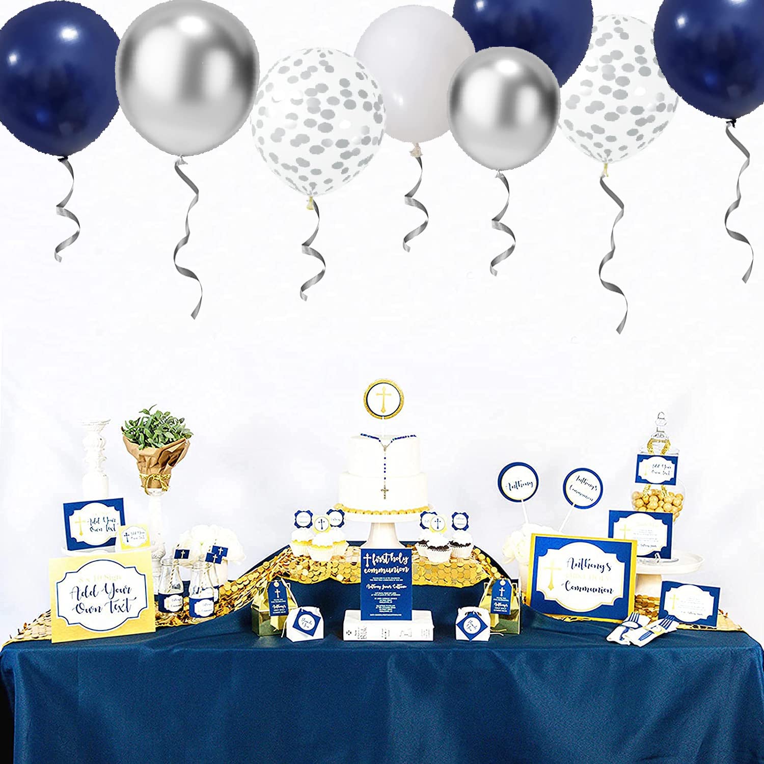 PTECDROTS 4 tovaglie blu e nere, rettangolari, per feste, lauree, matrimoni, decorazioni di compleanno, blu e nero, 130 x 220 cm