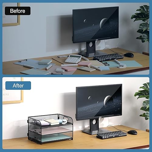 Miniatura 6 de Bandeja organizadora de papel de 3 niveles con asa, organizador de archivos de escritorio de malla compacto para suministros de oficina en casa,