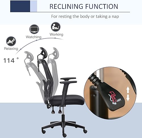 Miniatura 5 de Vinsetto Silla ergonómica de oficina en casa con respaldo alto, silla de trabajo de malla con soporte lumbar para espalda, función reclinable,