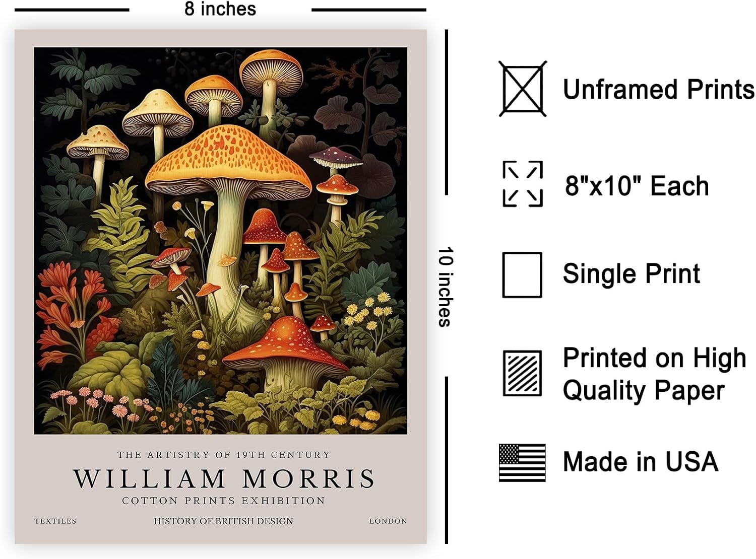 Poster Master Mushrooms Print - William Morris Poster - Botanical Flower Art - Floral Exhibition Wall Design - Farmhouse Illustration - Aesthetic Piece - Office or Bedroom Decor - 8x10 UNFRAMED Wall Decor