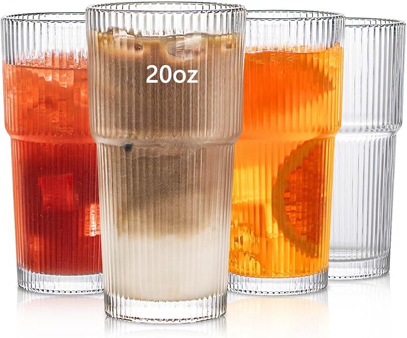 INSETLAN Bordázott Üvegpohár Szett 600ml - 4 db Nagy Kapacitású Pohár Jeges Kávéhoz, Vízhez, Koktélokhoz - Elegáns Modern Üvegáru Hétköznapo