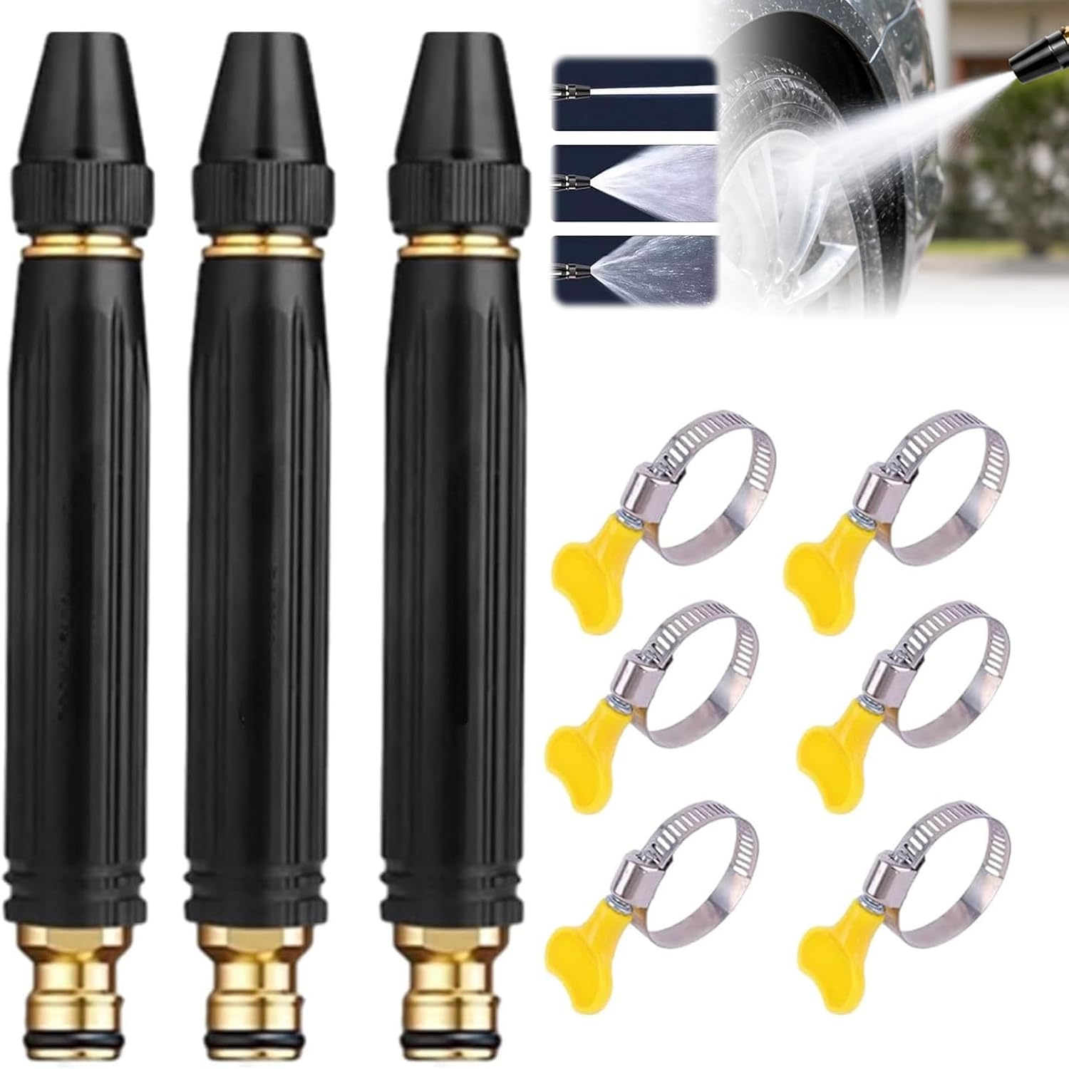 Hochdruck Wasserpistole f r Gartenschlauch 3 Spr hmodi 360  Drehbare D se Turbine Kraft Spr her mit Weitem Spr habstand f r Auto Reinigung Gartenbew sserung inkl. 2 Schlauchklemmen 3