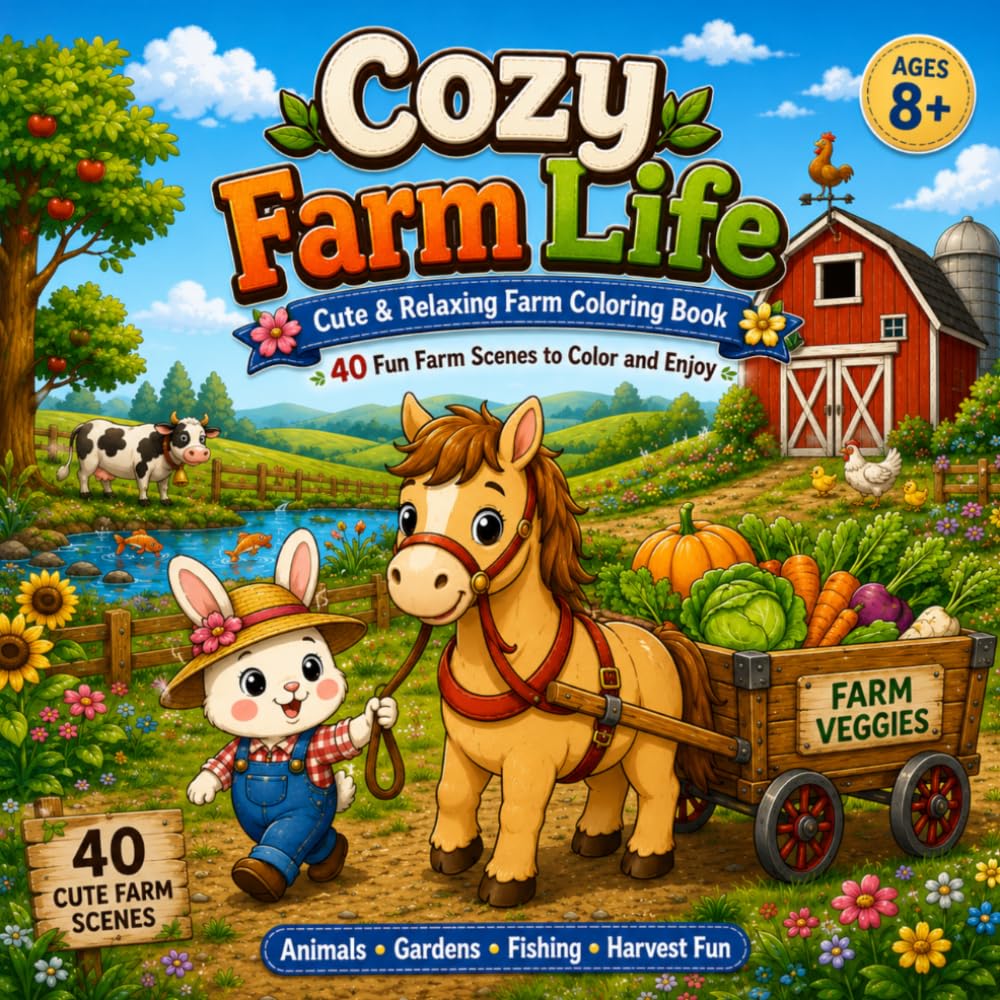 Cozy Coloring Book: Farm Life Adventures for Ages 8+ | 40 Bold & Easy Pages with Cute Animals, Gardens, Fishing, Harvest Scenes and Cozy Country Fun
