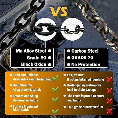 Miniatura 64 de Cadena de transporte de 3/8 pulgadas, cadena de remolque G80 con ganchos de seguridad y agarre G70 Carga de trabajo de 7100 libras Cadena