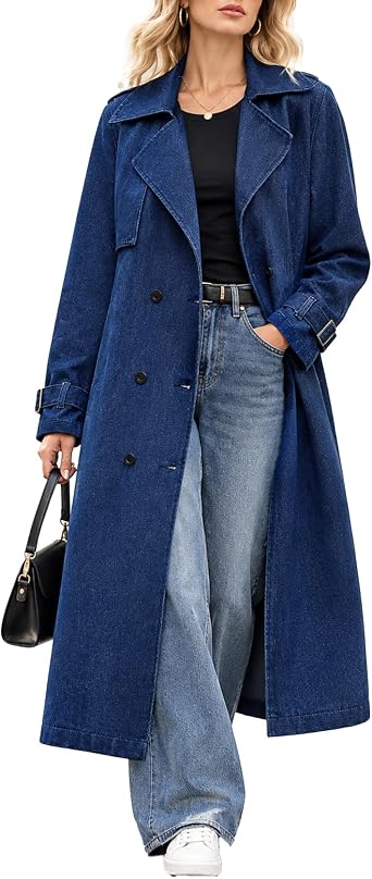 Ladyful Womens Denim Trench Coat Oversized Mid Length Jean Jackets