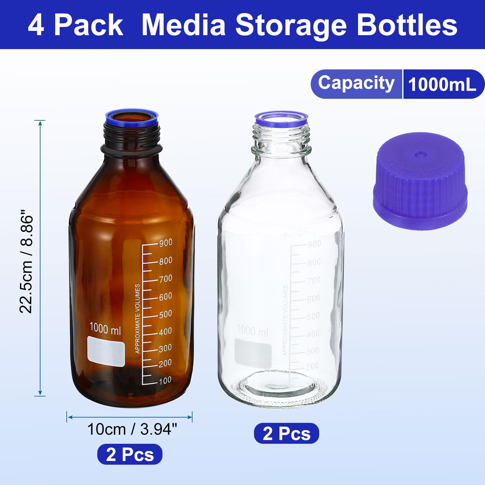 PATIKIL Botella de muestra de 1000 ml, paquete de 4 botellas de almacenamiento de medios de reactivo, vidrio de borosilicato graduado, redondo con tapón de rosca azul GL45 para líquidos reactivos de