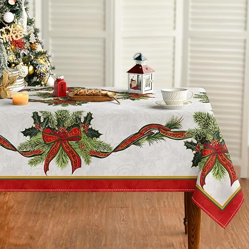 Horaldaily Mantel navideño de 60 x 84 pulgadas, diseño de flor de pascua con cinta dorada lavable, para decoración de fiestas, pícnic, cenas