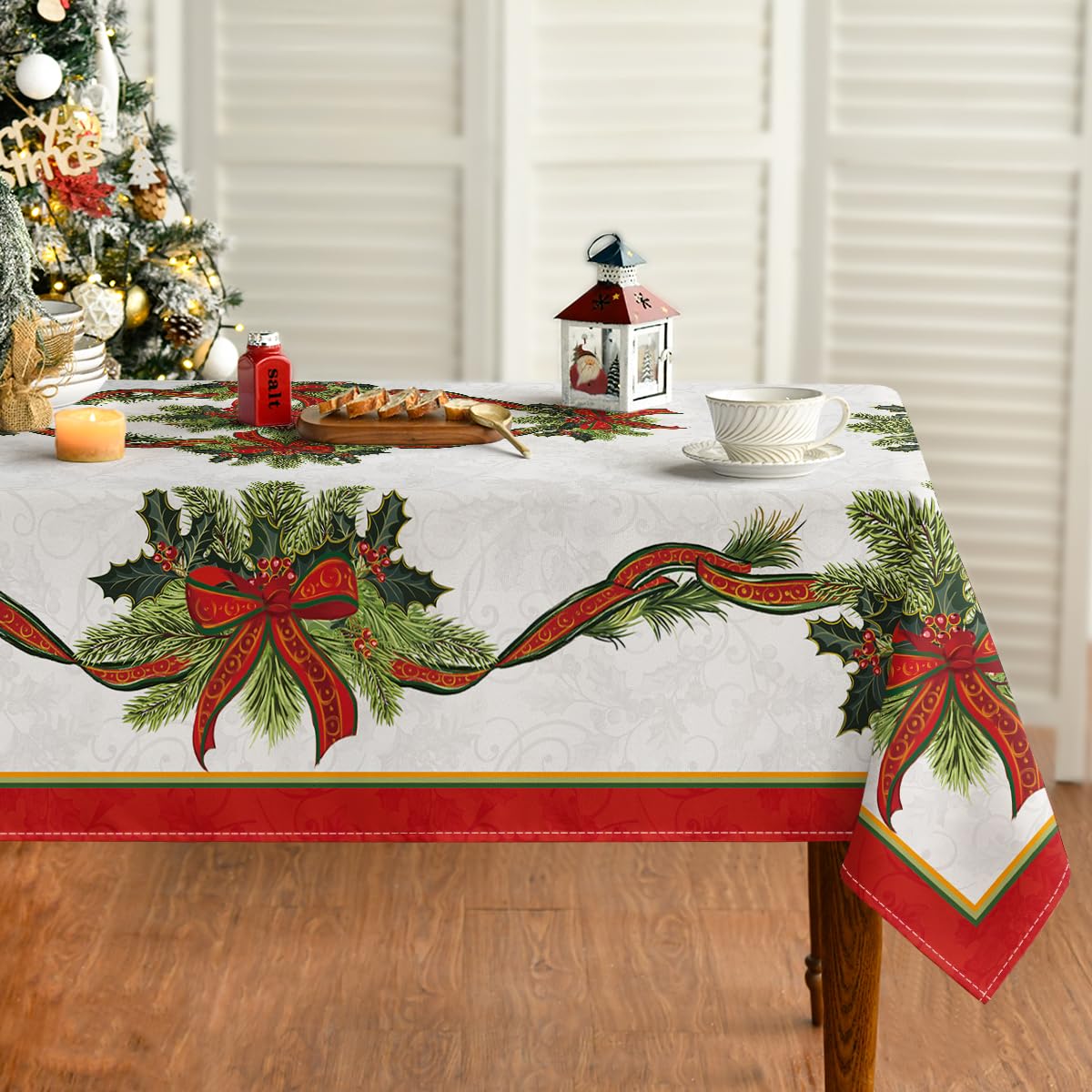 Horaldaily Christmas Tablecloth 60×104 Inch, Poinsettia Golden Ribbon Washable Table Cover for Party Picnic Dinner Decor