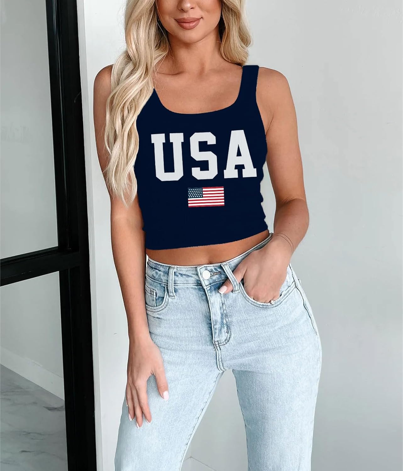 USA Crop Tops for Women American Flag Tank Top Patriotic 4th of July Tops Memorial Day Crop Shirt - Image 2