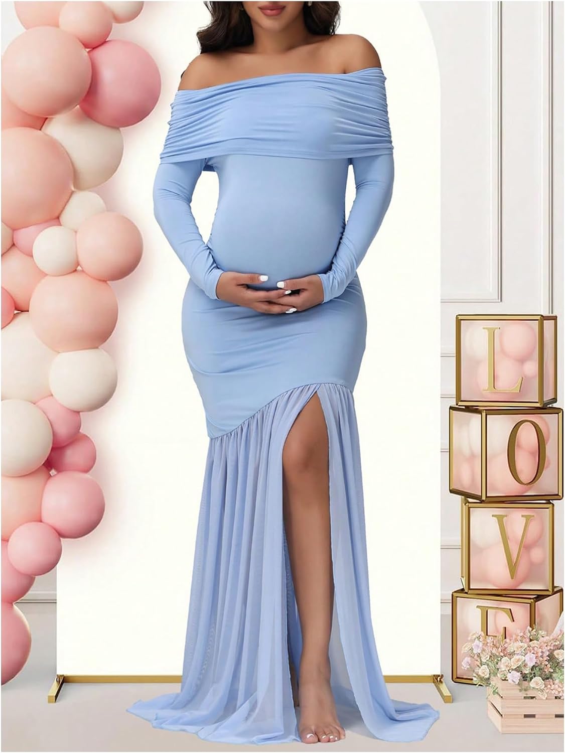 MakeMeChic Women's Off Shoulder Maternity Dress Long Sleeve Elegant Slim Gowns Photography Baby Shower Maxi Dress