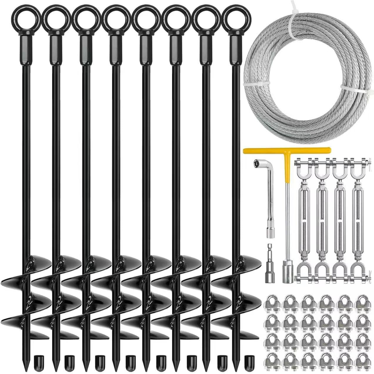 8 Pack 30" Heavy Duty Ground Anchors Shed Anchors Kit with 3/16" Galvanized Cable & 1/4" Jaw and Jaw Turnbuckle, Earth Anchors for Mobile Home Carport Gazebo Trampoline Swingset Tent