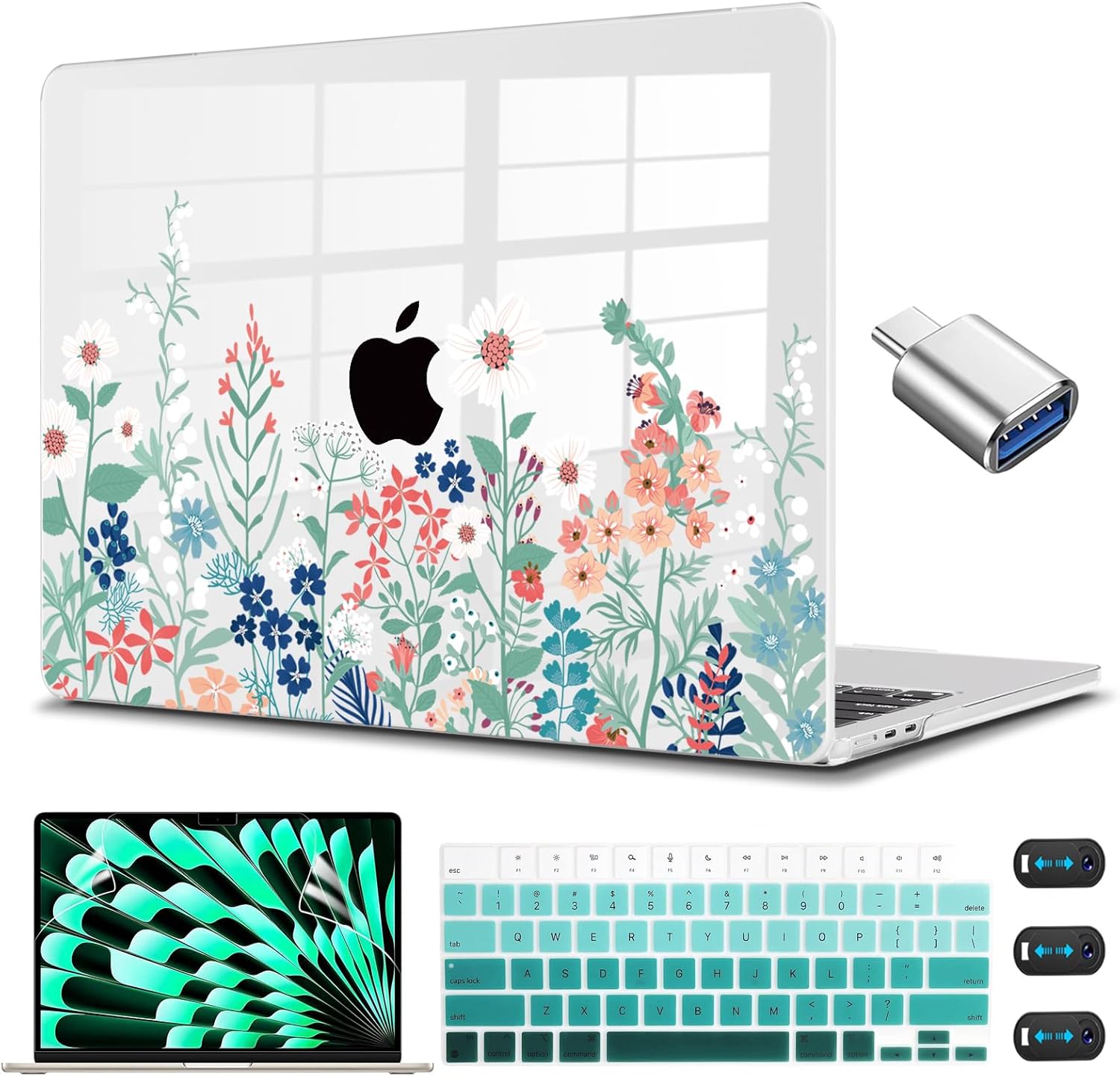 CISSOOK Compatible with MacBook Air 15 inch Case 2025 2024 2023 Release Model A3114 A2941, Plastic Hard Shell Case with Keyboard Cover for MacBook Air 15.3 M4 M3 M2, Wild Green Flower