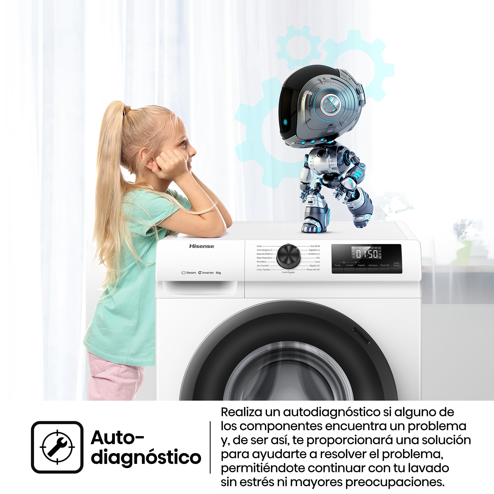 Hisense WF1Q8041BW - Lavadora, Class A, 8 Kg, 1400 rpm, Alto 85 cm x Ancho 60 cm, Color Blanco, Función Vapor 99,9%, Lavado Rápido+, Lavado Automático, Finalización Diferida, Tecnología Inverter