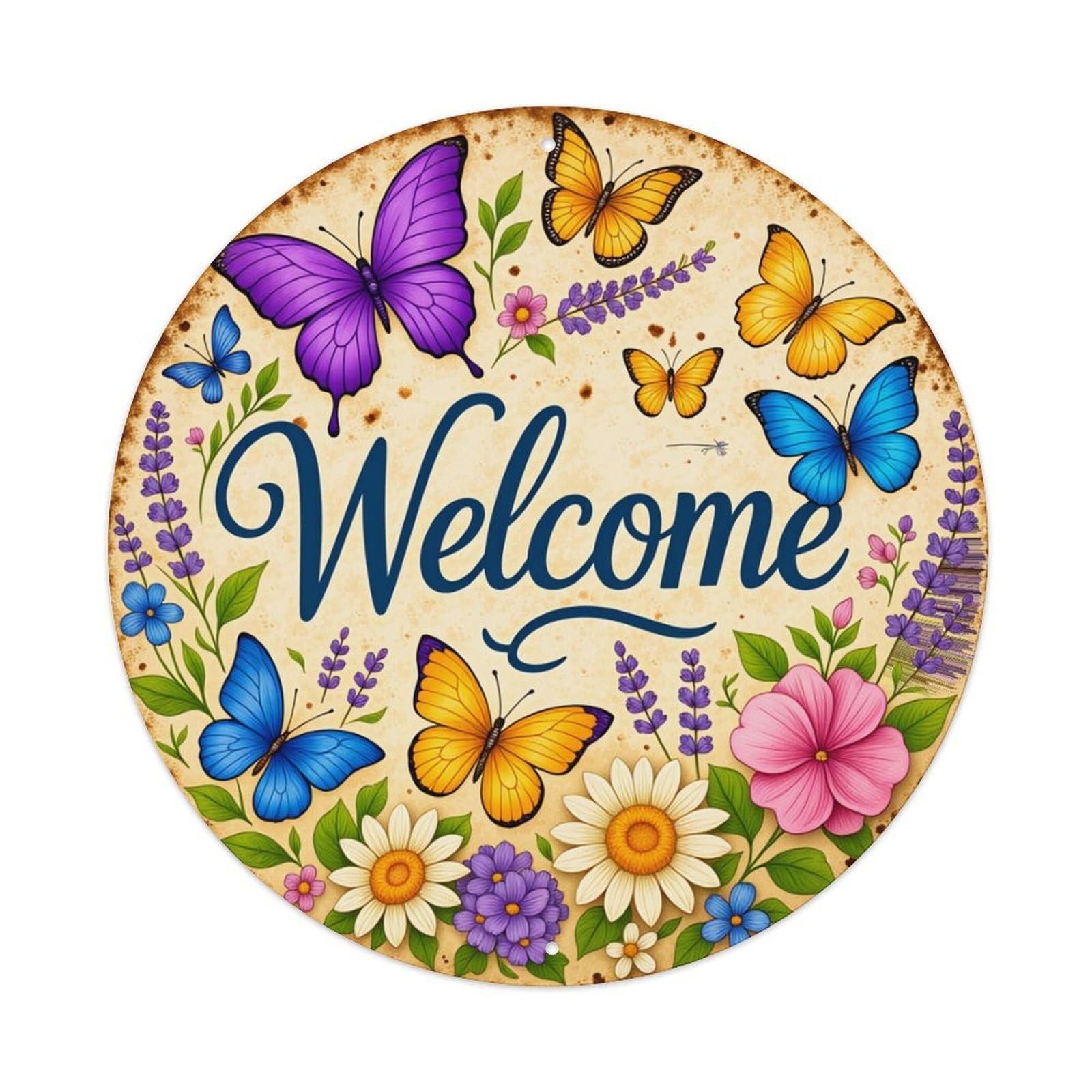 Butterfly Flower Welcome Pattern Art Round Tin Sign Retro Metal Sign for Cafe Bar Pub Home Game Room Gym Club Wall Decoration Vintage Metal Poster 8x8 Inch