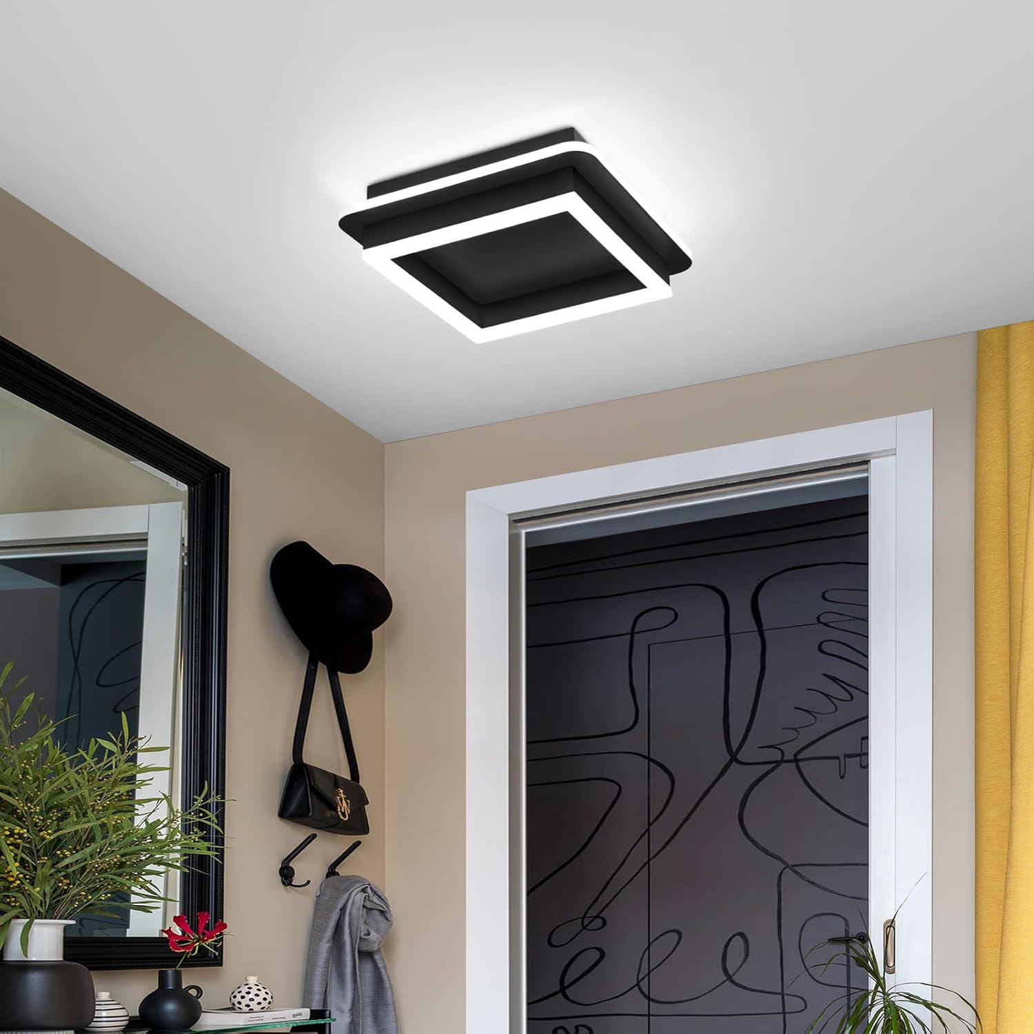 CANEOE Black Modern LED Ceiling Light, Square Flush Mount Ceiling Hallway Light Fxitures, 6000K Cold White Small Close to Ceilings Lamp for Bedroom Hallway Kitchen Balcony Cloakroom