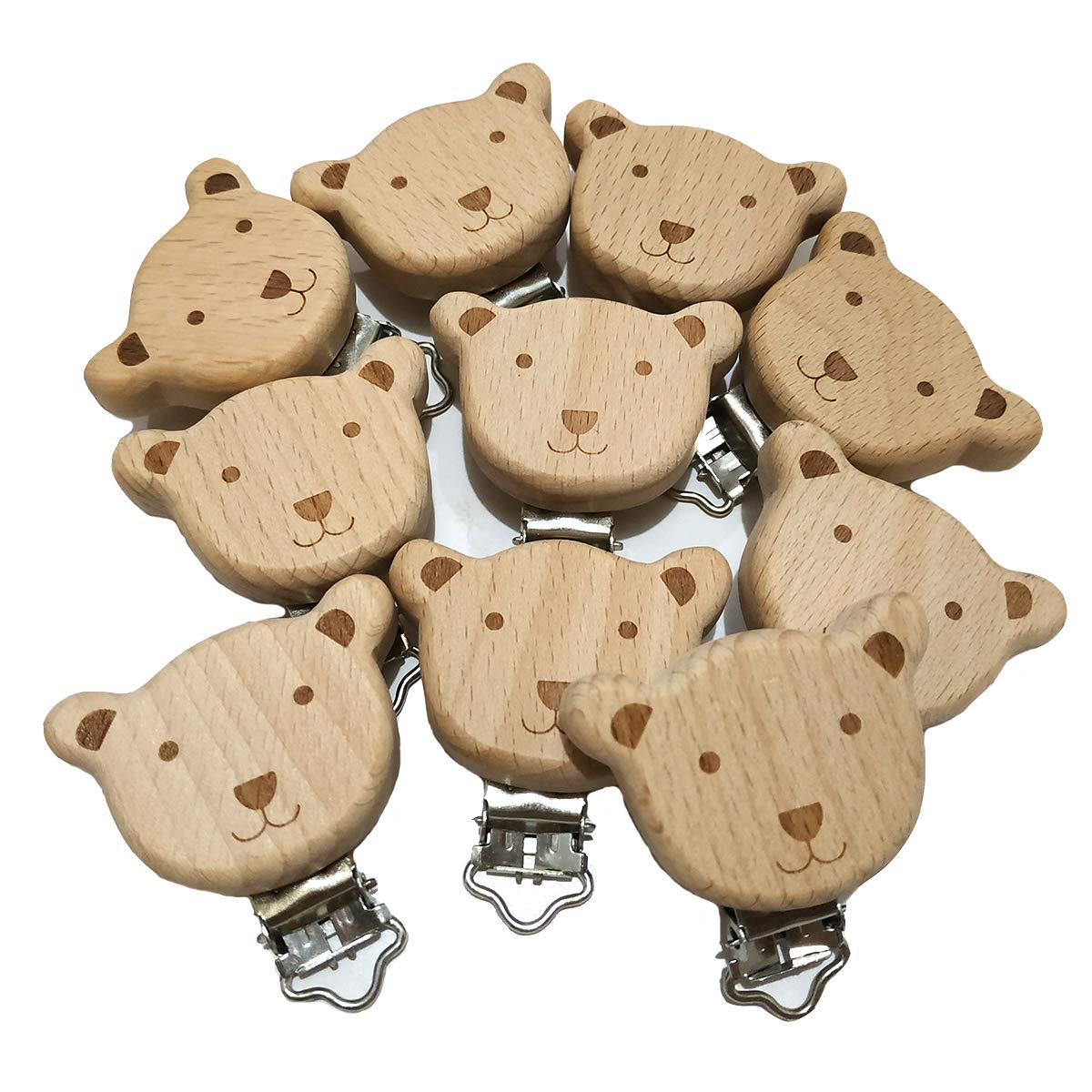 20pcs Natural Wood Suspender Pacifier Clips Cute Beech Wooden Animal Bear Shape Clips DIY Beading Pacifier Chain Accessory