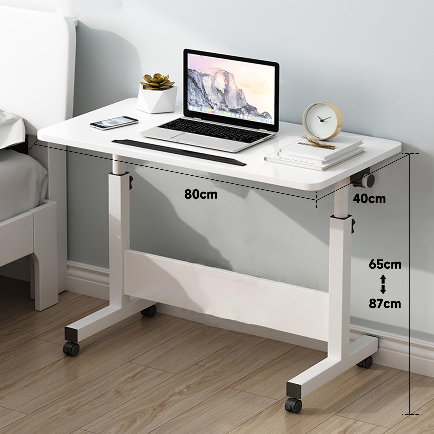 Escritorio Regulable en Altura con Ruedas, Mesas portátiles para Laptop, Escritorio rodante de pie, Pequeño Escritorio para PC para Oficina en casa, 80 x 40 cm