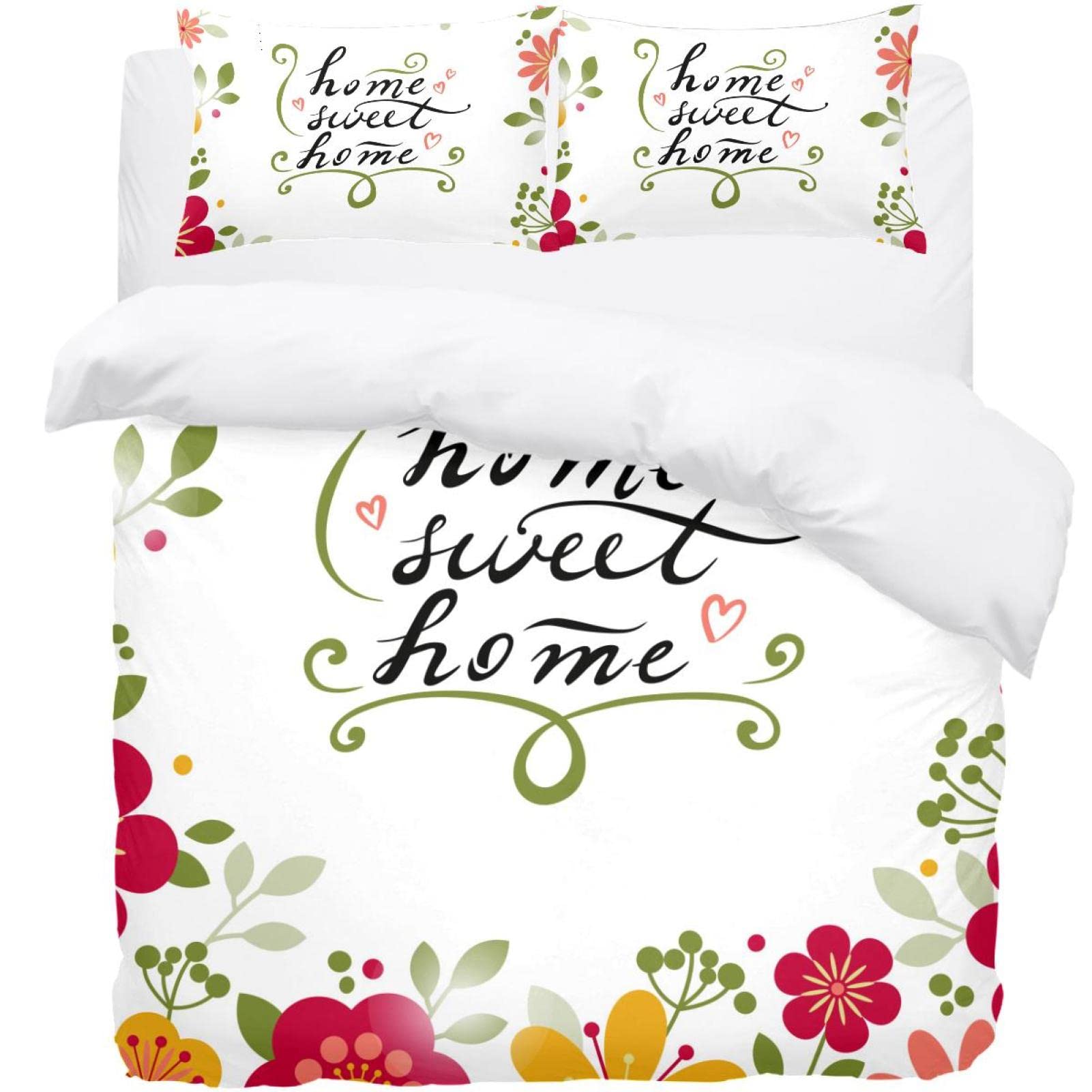 Parure de lit housse de couette imprimée fleurs avec deux taies d'oreiller douces