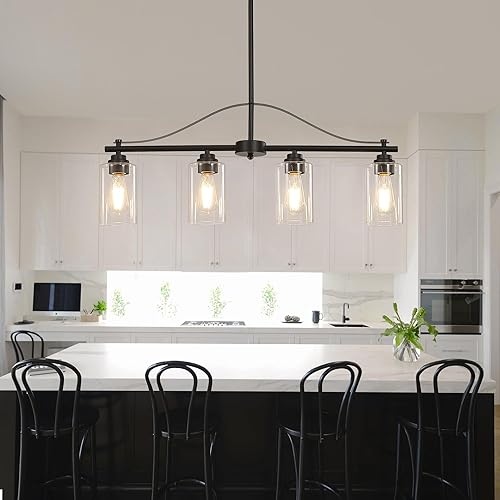 Miniatura 2 de Luz de Isla para Cocina, Candelabro Colgante Lineal de 4 Luces para Isla de Cocina, Accesorio de Luz de Comedor Negro Mate sobre Mesa con Pantallas